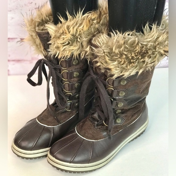 PARIS BLUES Fierce Faux Leather Faux Fur Lined Brown Lace Up Duck Boots Size 8 - Picture 15 of 15